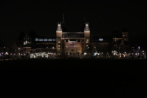 A nighttime shot of a landmark building illuminated with energy-efficient lighting.