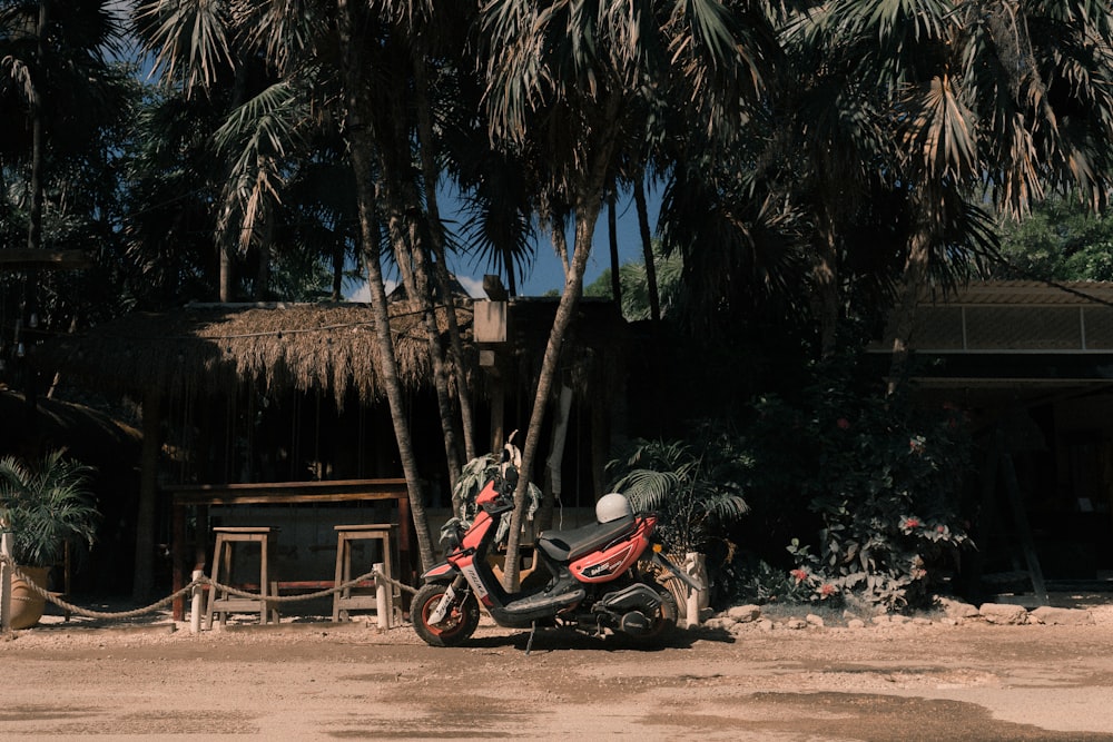 black and red motor scooter parked near the house during daytime