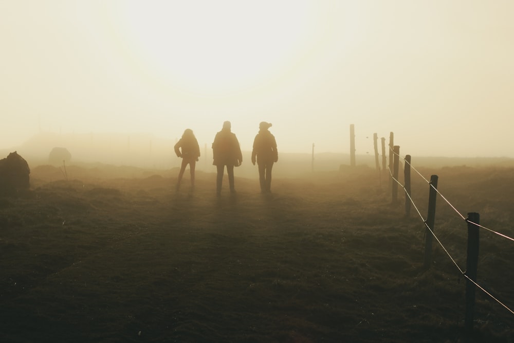 three silhouette of person walking