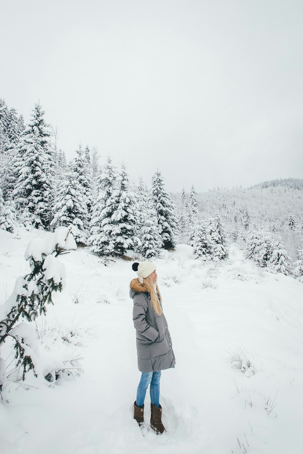 woman wearing coat standing near snow covered trees