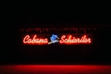 A vibrant neon sign displaying the words 'Cabana Schiorilor' with a blue skiing figure between the text. The sign is illuminated against a dark background, enhancing the glow of the red and blue lights.