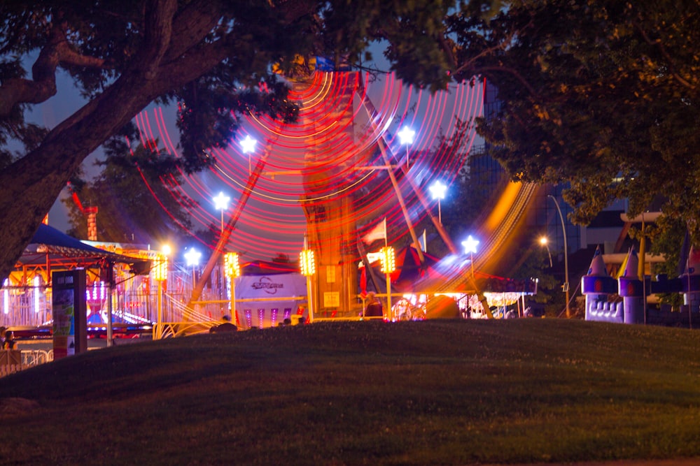 red and brown ferris wheel beside green tree