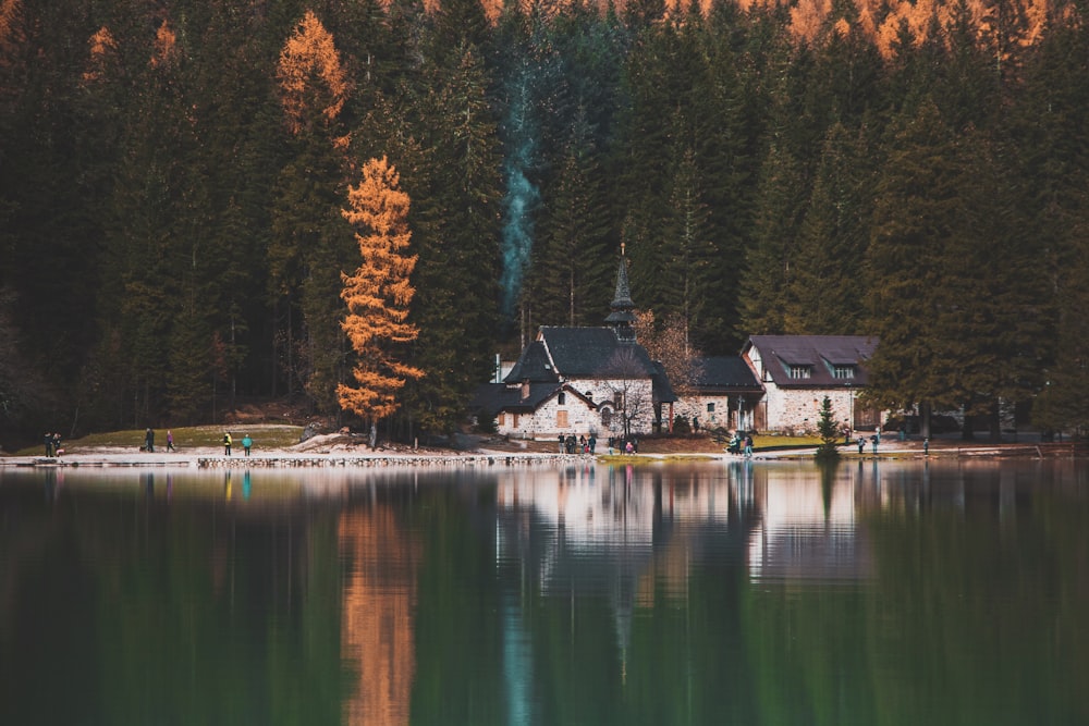 white and black cabin near body of water surrounded by pine trees