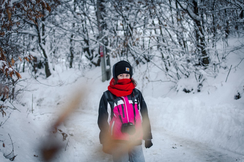 woman in the middle of freezing forest