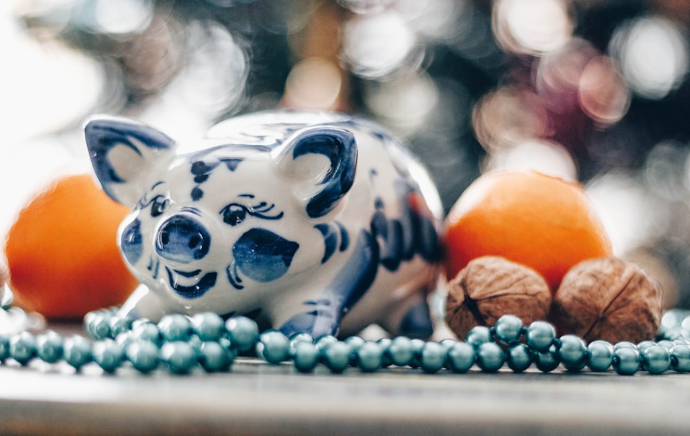 blue and white ceramic pig décor