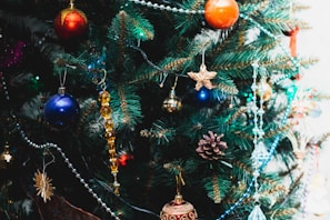 A beautifully decorated Christmas tree with colorful ornaments.