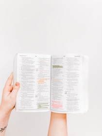 A pair of hands holds an open book featuring text in two columns. Some text passages are highlighted in yellow and others in pink.