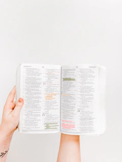 Close-up of hands highlighting important points in a colorful educational guide.