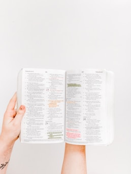 A pair of hands holds an open book featuring text in two columns. Some text passages are highlighted in yellow and others in pink.