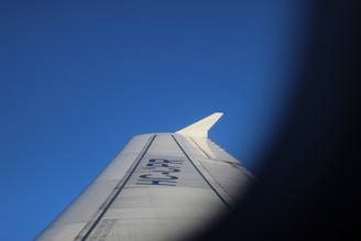 An airplane wing with visible registration markings is set against a clear blue sky. The photograph is framed in a way that features some dark, blurred edges resembling a vignette effect.