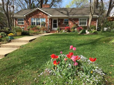 Charming brick bungalow with a lush front garden in a quiet Atlanta neighborhood.