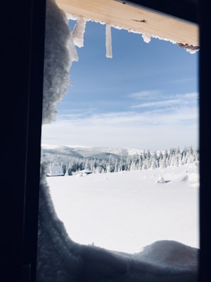 Close-up of a freshly installed window with a clear view of a snowy Canadian landscape.