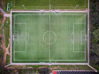 Wide view of a well-maintained soccer field with players and coaches engaged in training.
