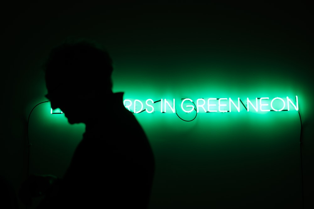 silhouette of man standing near green neon light