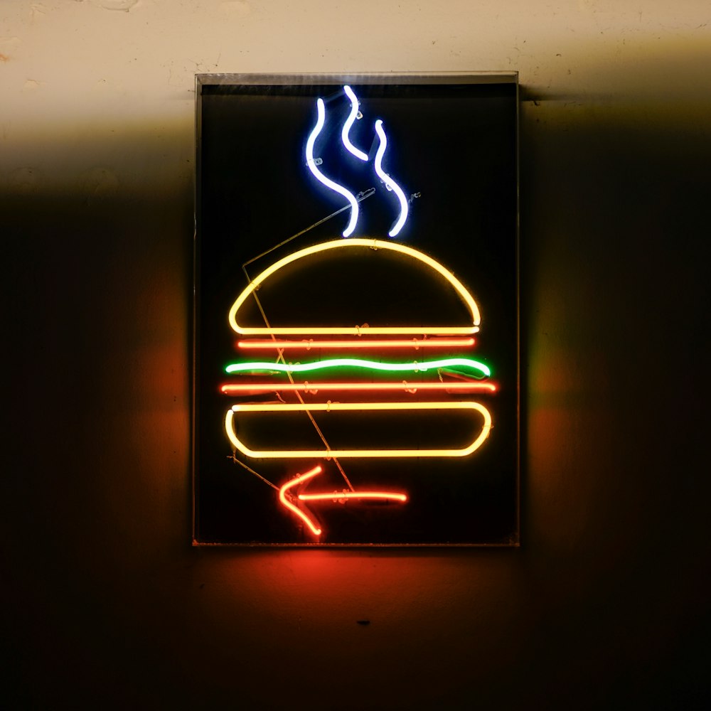turned-on burger neon sign