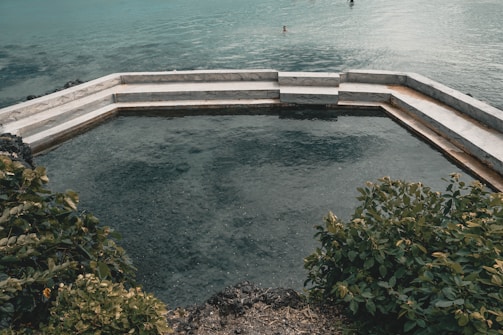 A natural stone pool surrounded by lush greenery.
