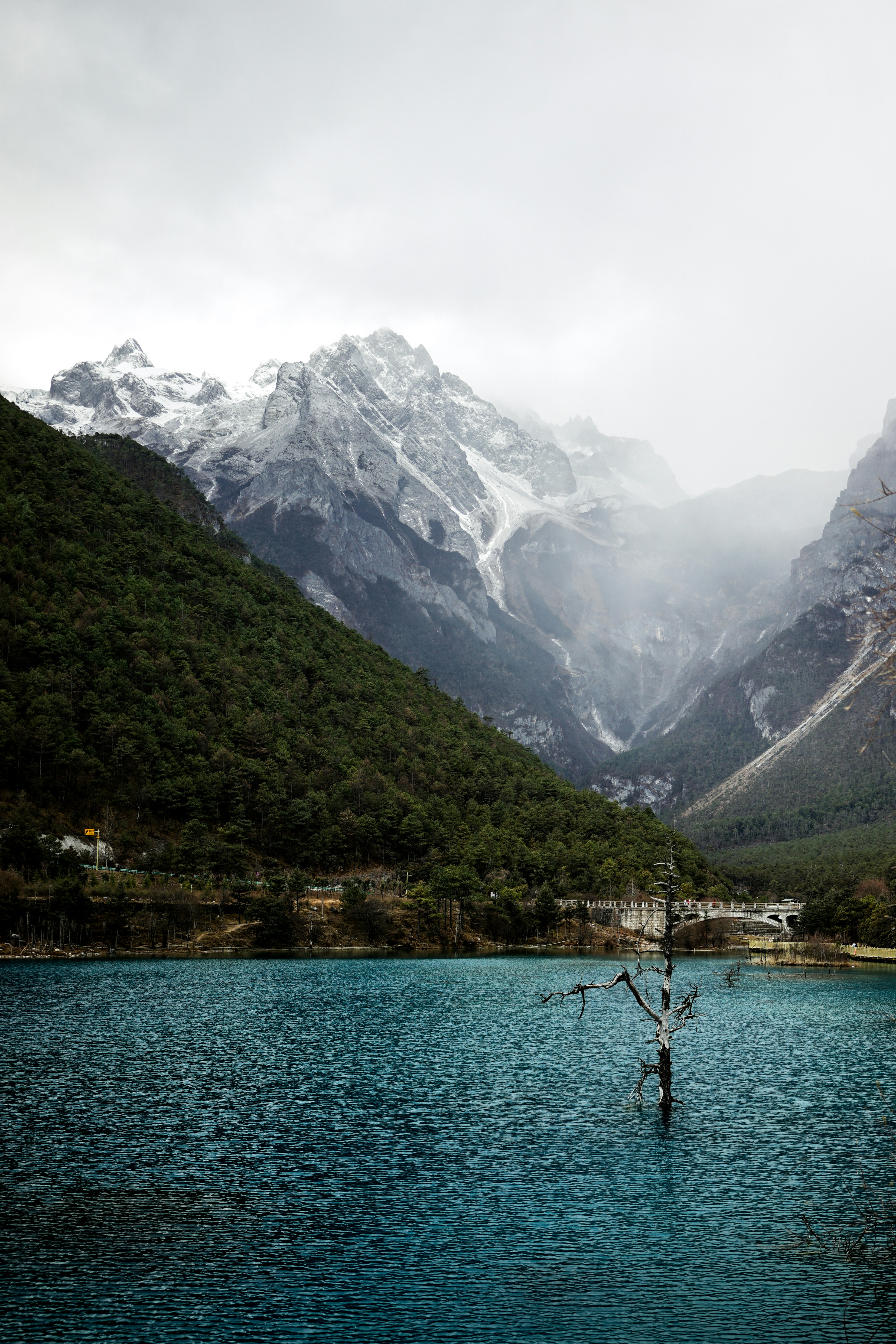 Cuerpo de agua y montaña tranquilos durante el día