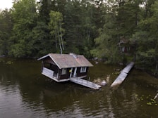 A wooden cabin is partially submerged in a calm, forested lake, connected by a narrow wooden bridge. The surrounding area is dense with trees and foliage, creating a secluded and rustic atmosphere.