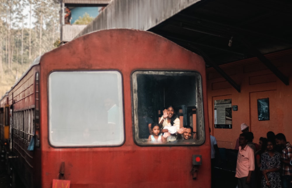 woman and boy in train