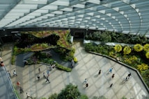 An indoor botanical garden with a variety of plants and greenery arranged in a modern architectural setting. The area features a glass roof allowing natural light to fill the space. People are walking and exploring the garden, which includes multiple plant species, including vibrant yellow flowers and lush green vegetation. Overhead views provide a clear view of pathways and garden design.