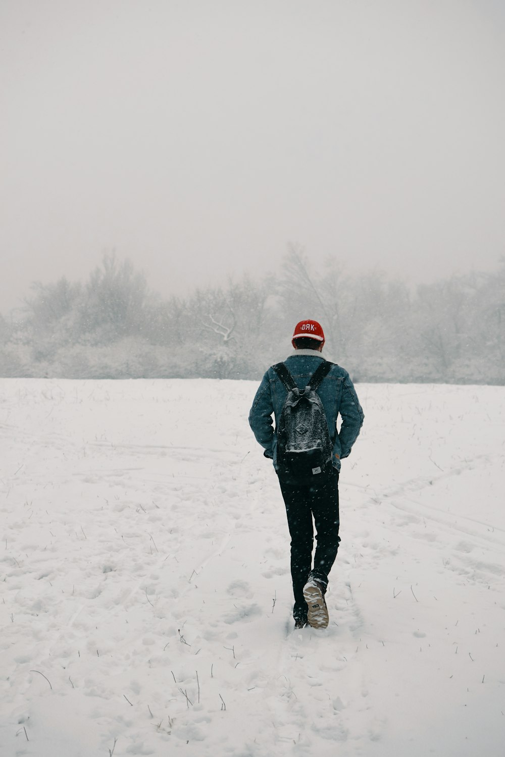 man walking on snow field