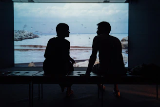 silhouette of man and woman sitting on ottoman