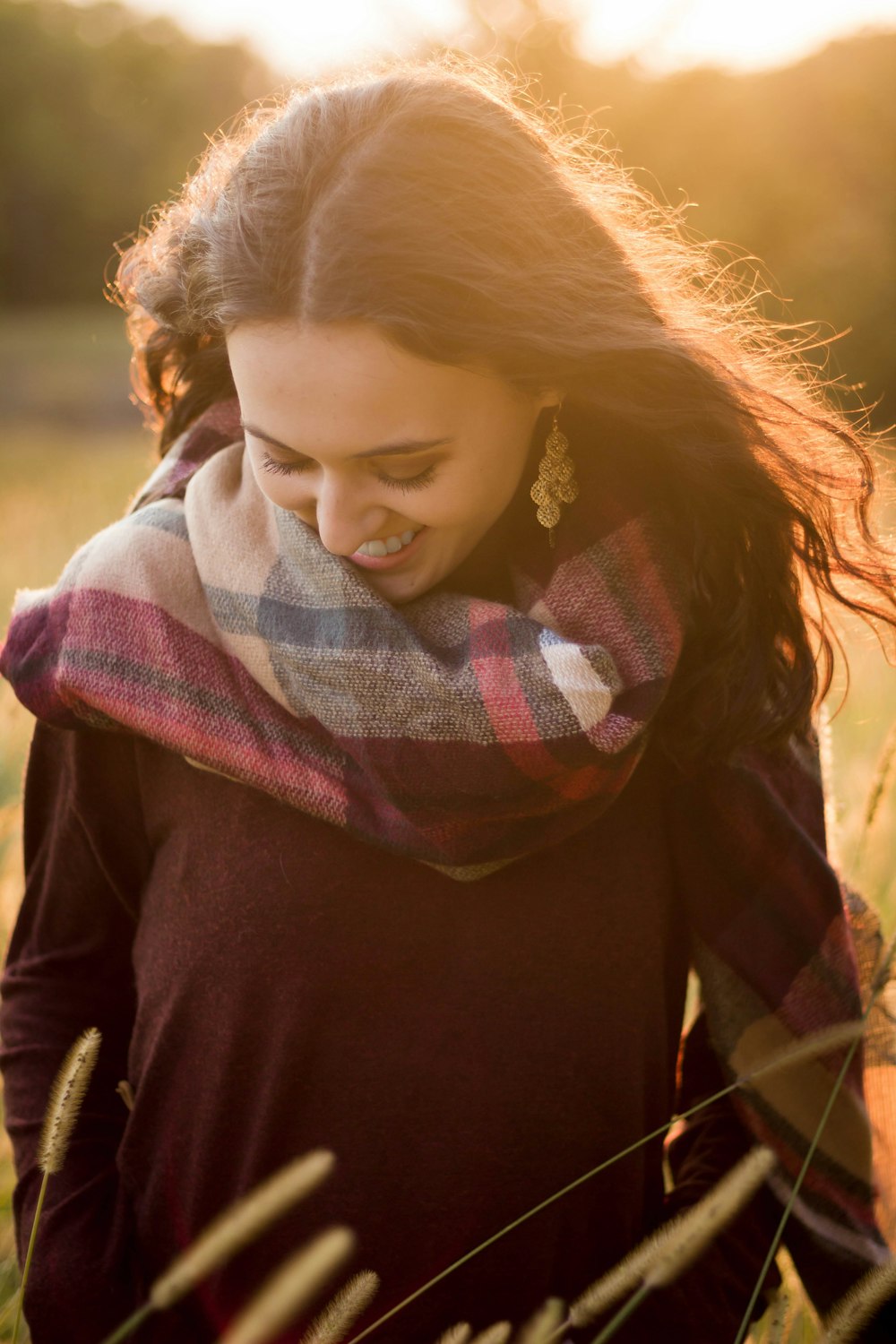 woman in red and white scarf