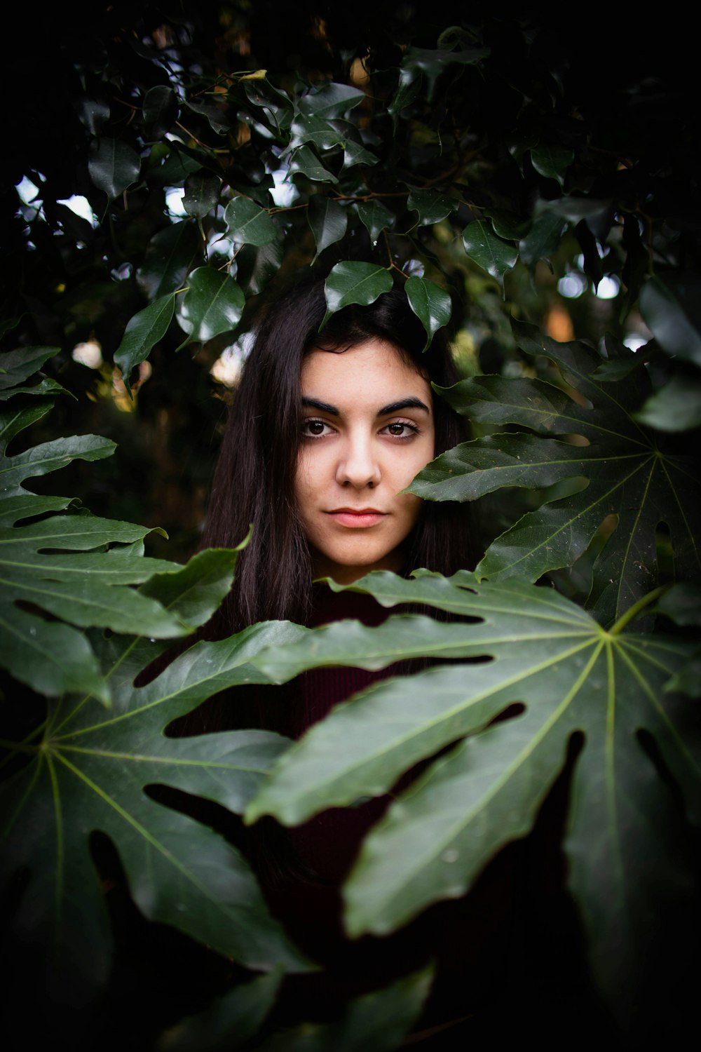 portrait photography of woman surrounded by green leafed plants