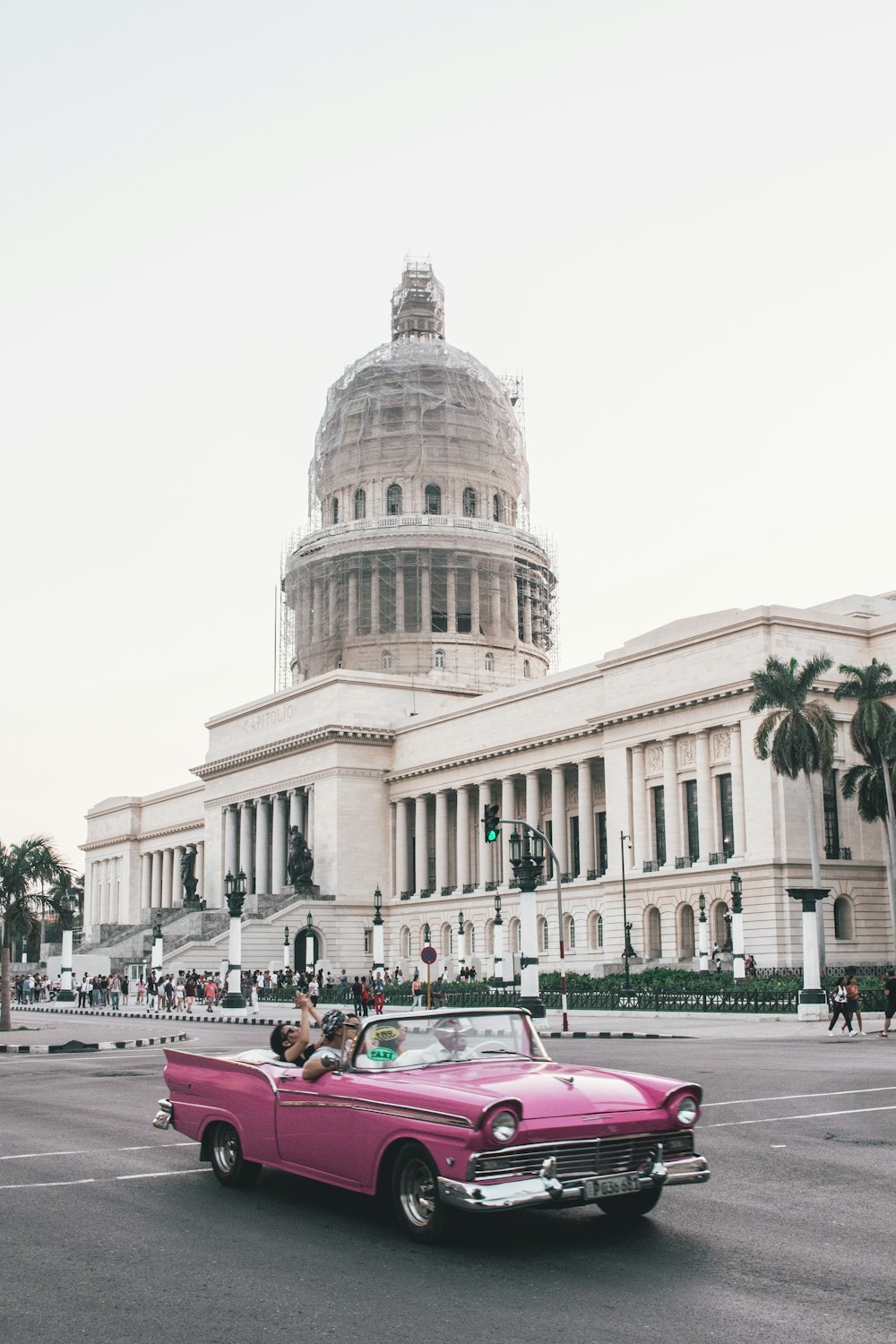 people riding on pink convertible coupe parked near white concrete building
