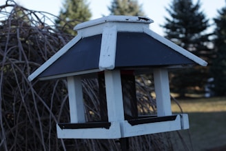 A handcrafted wooden bird feeder hanging in a lush garden.