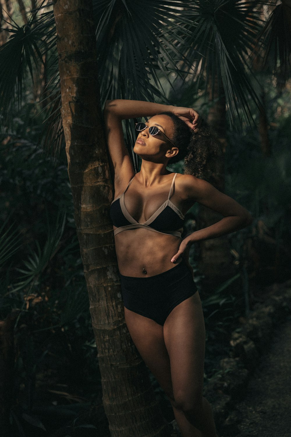woman in black bikini leaning on coconut tree trunk