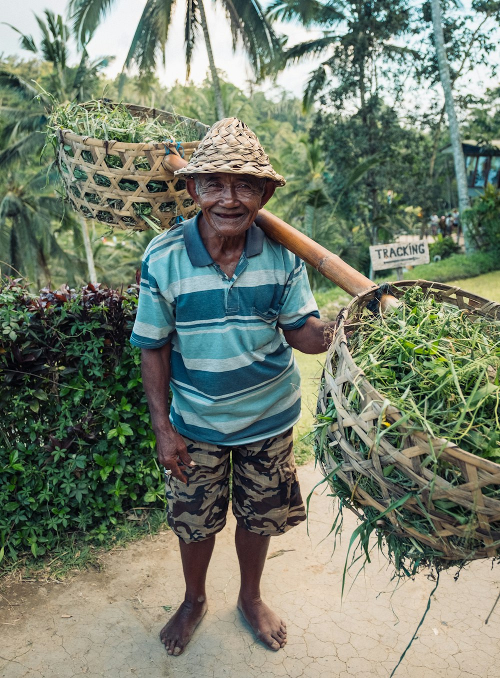 man wearing striped polo shirt balancing two baskets with grasses