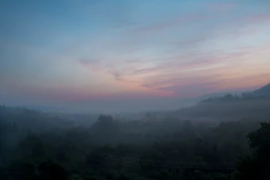 A serene landscape at dawn with soft light and mist.
