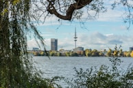 A scenic view of a city skyline with 5G towers.