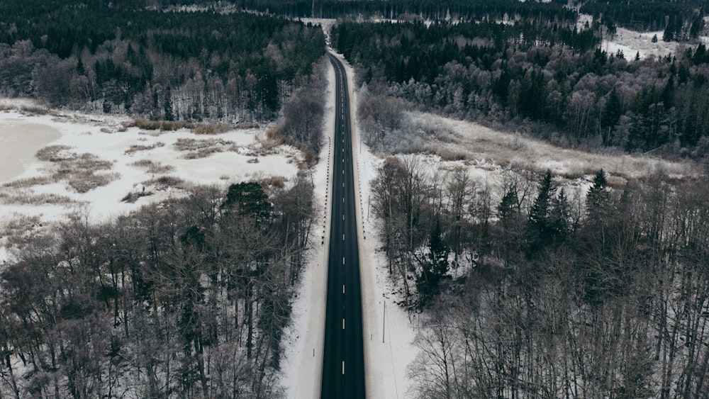 black asphalt road in the middle of snow covered field