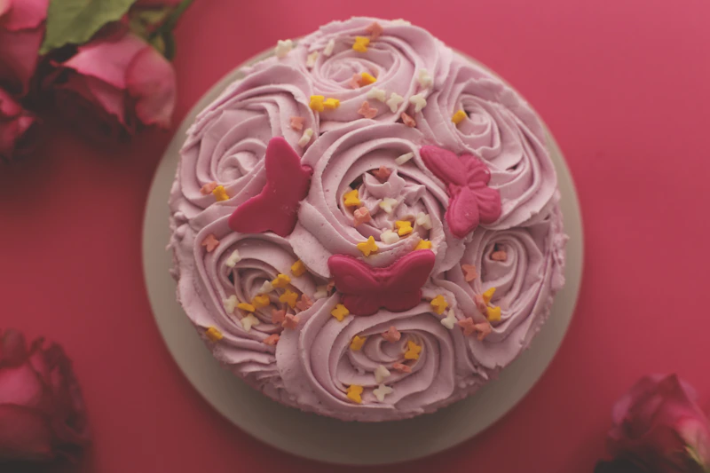 Ornate pink rosette-piped festival cake with fondant butterflies