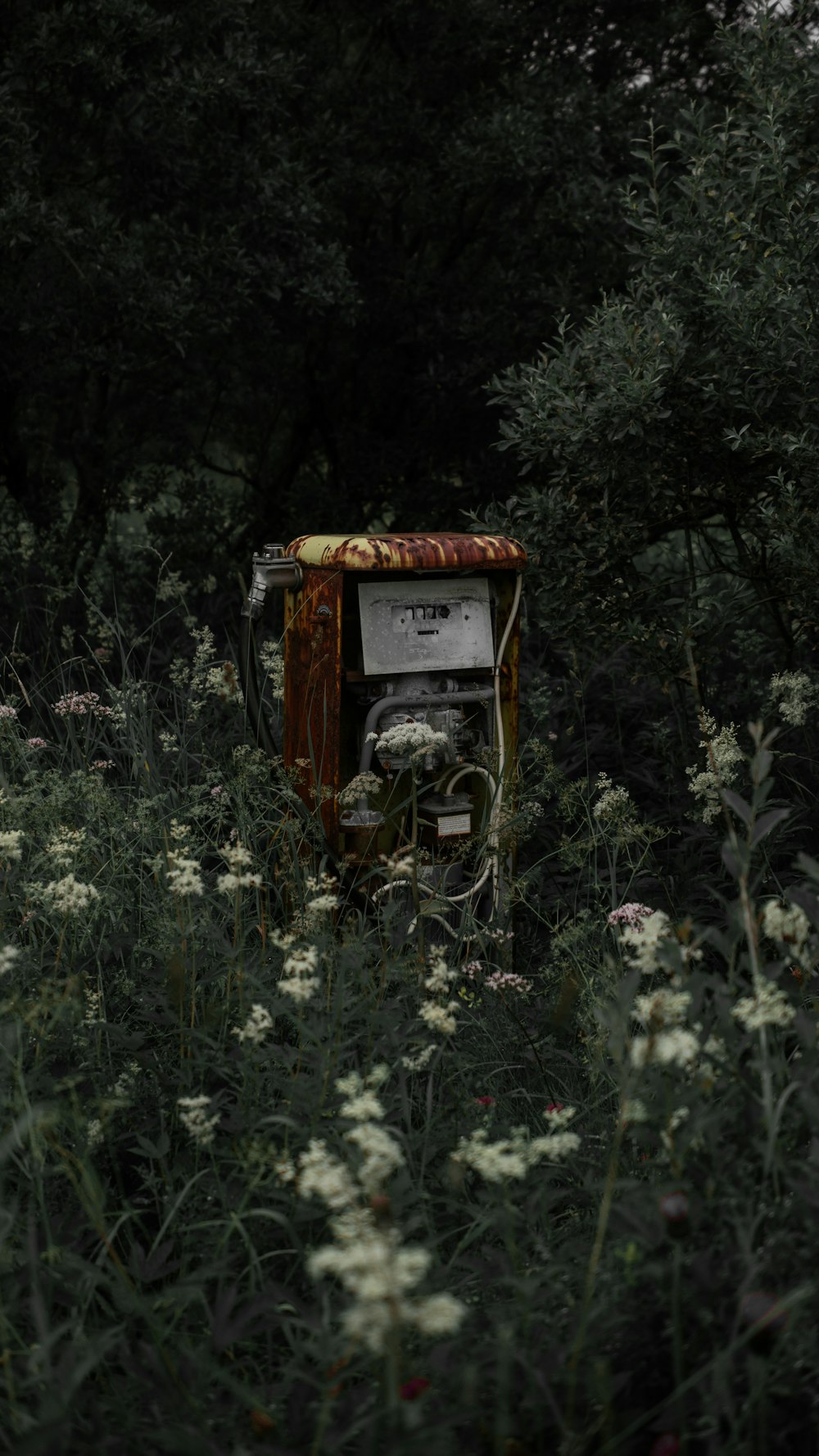 abandoned gas pump by grass field