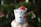 A hand holding a small, cylindrical gift wrapped in festive paper. The paper features red, white, and gray holiday-themed designs, including mittens and stars. A bright red ribbon is attached to the top of the gift. The background is blurred, with hints of green, likely indicating a Christmas tree.