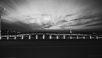 A black and white photograph capturing a serene urban landscape at dusk.