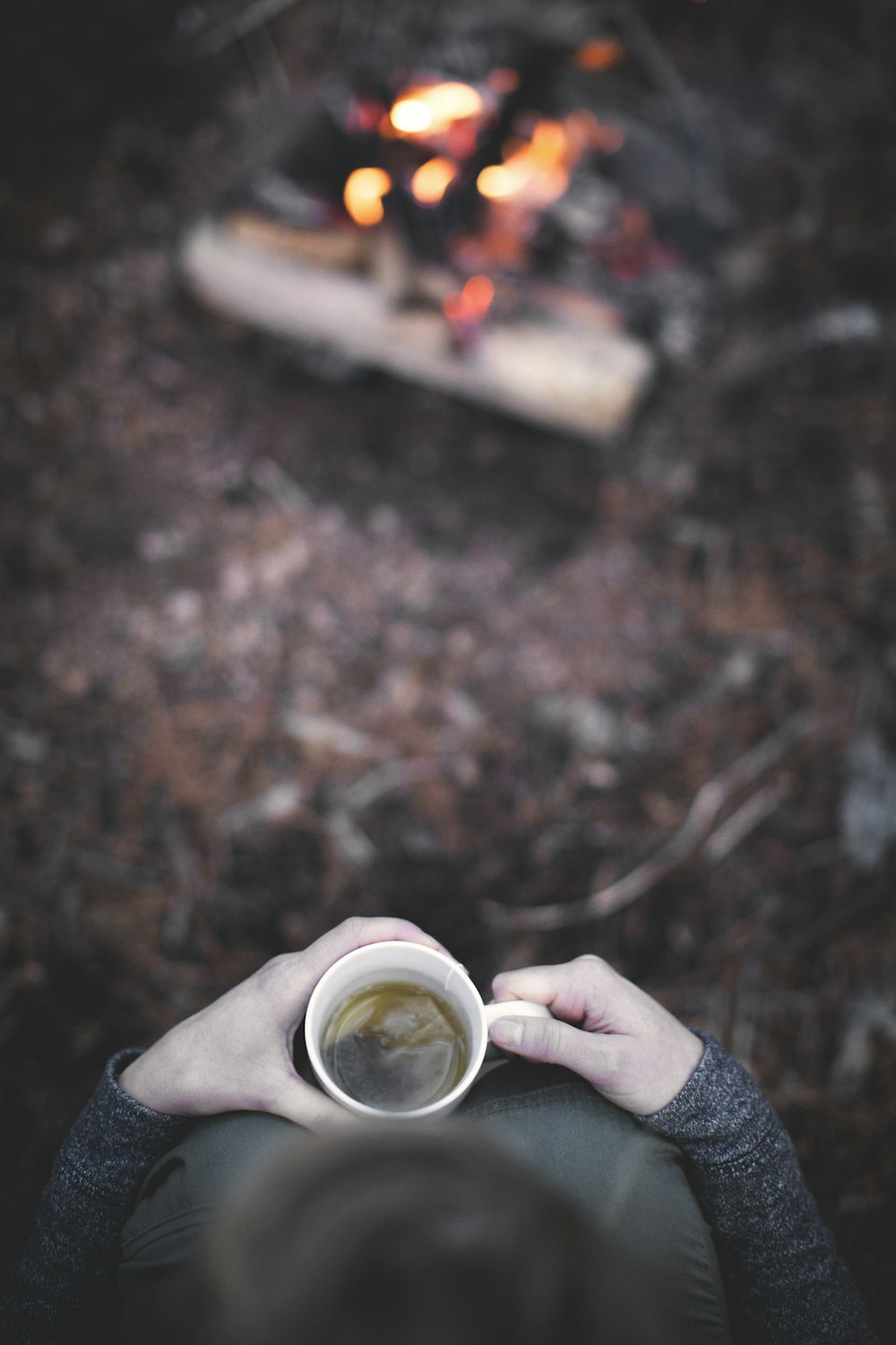 person holding mug filled with tea near bonfire