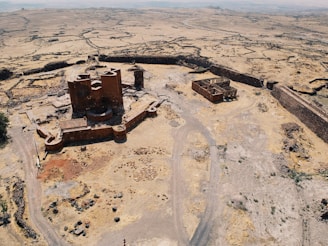 Aerial view of ancient ruins situated in a vast, arid landscape. The scene features well-preserved stone structures and surrounding walls. The terrain is barren with patches of dry grass and scattered rocks.