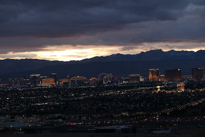 A wide view across the Las Vegas valley toward the Strip, the kind of long sightline that turns milky when wildfire smoke settles in