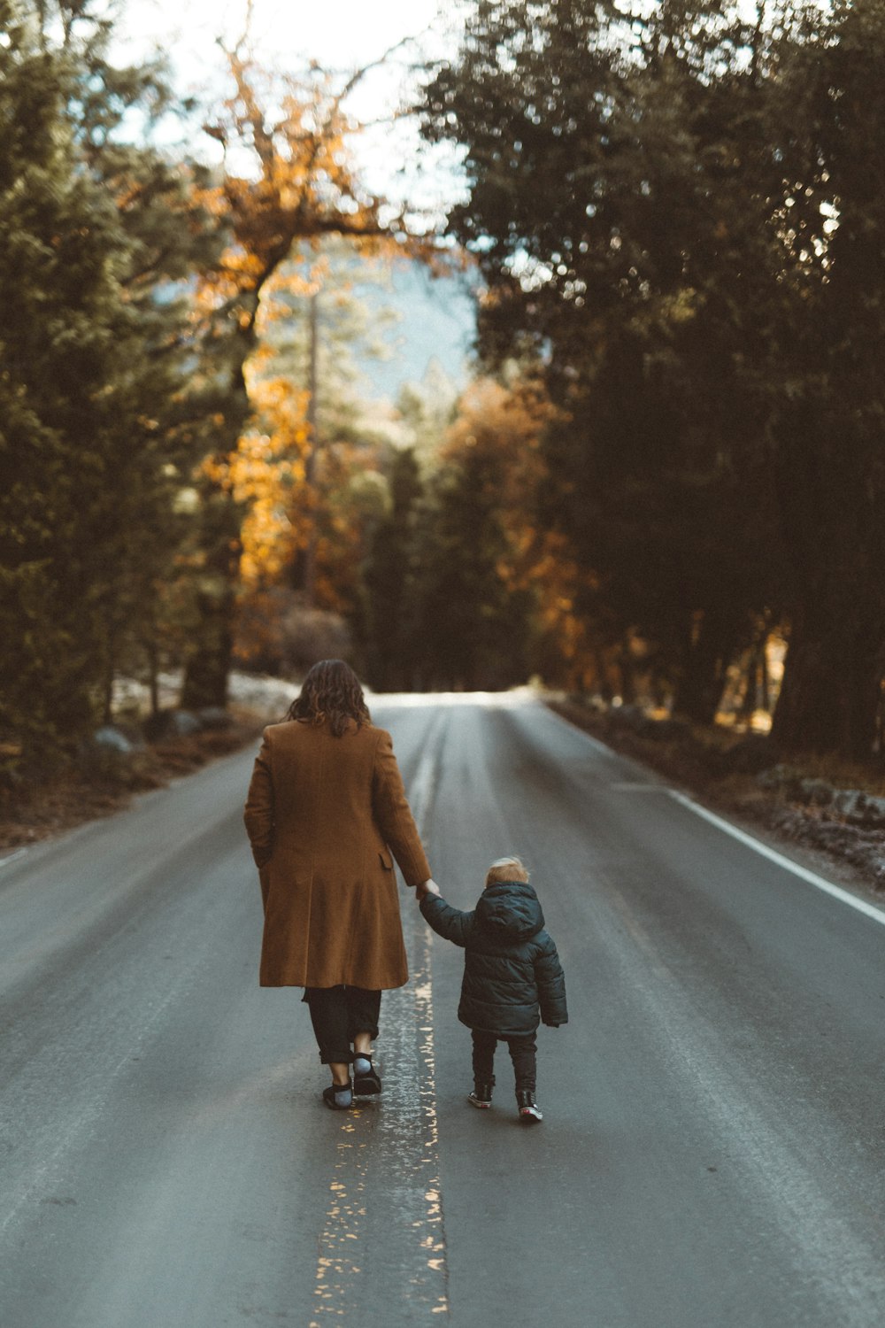 woman wearing brown coat holding toddler in black jacket walking in the middle of road
