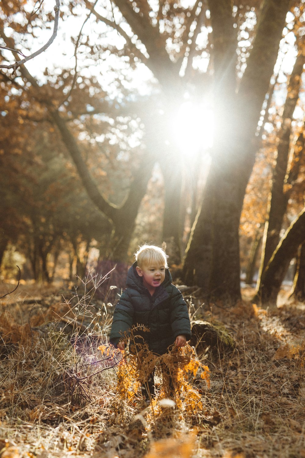 boy stands under trees