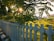 A white, ornamental concrete fence runs alongside a lush green area. Sunlight filters through the dense leaves of a vibrant tree, creating a warm glow. The background shows a residential area with buildings partially visible.