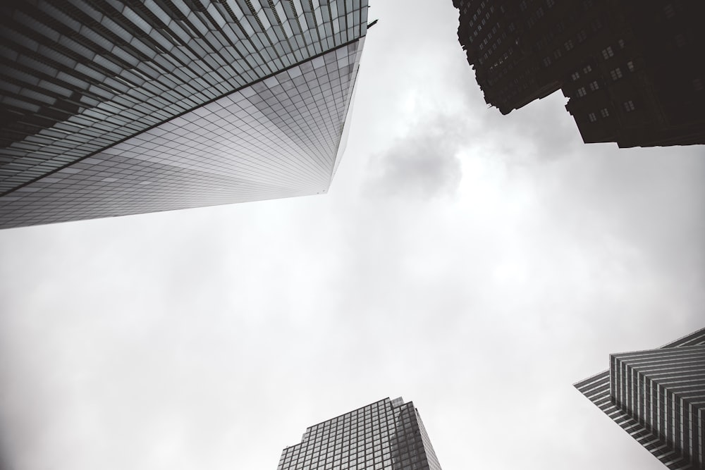 grayscale low angle photography of high rise building