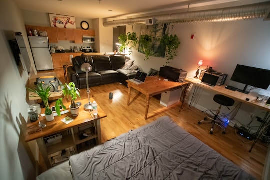 A well-lit studio apartment with wooden flooring, featuring a kitchen area with cabinets, a refrigerator, and a microwave on the left side. A black leather sofa is positioned in the center, adorned with a modern floor lamp beside it. Several potted plants are placed on tables and hanging, offering a green touch to the room. A large desk area has a computer setup, complete with a monitor and laptop, illuminated by a small lamp with a red shade. The ceiling has exposed ductwork, contributing to an industrial aesthetic.