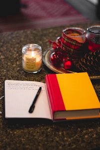 Cozy kitchen scene with fresh ingredients and a notebook open to mental health tips.