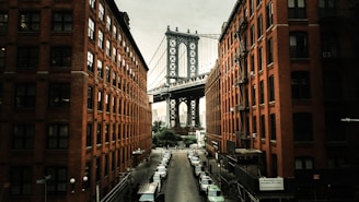 cars parked on both sides of street near bridge