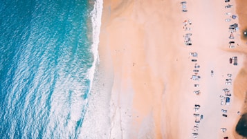 An aerial view of a beach scene where a line of vehicles is parked on the sand parallel to the shoreline, which features gentle waves lapping against the coast. The ocean displays a rich turquoise hue, contrasting with the light sandy beach. The vehicles are distributed evenly along the beach, and a few people are visible near the water and around the cars.